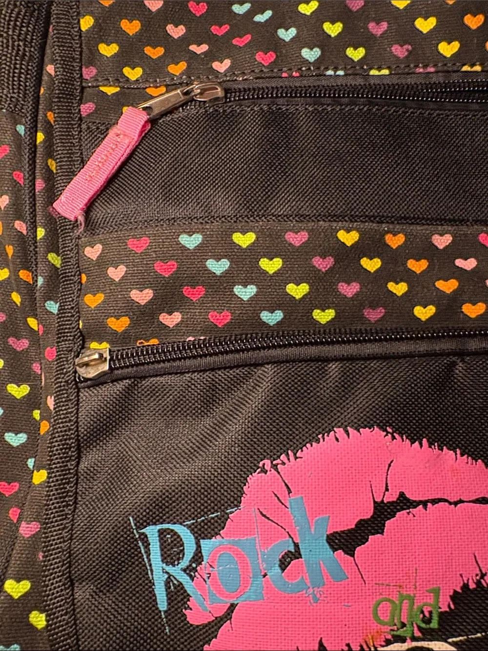 Pink Cookie Black Crossbody Bag with Multicolor Heart Print and Pink Strap